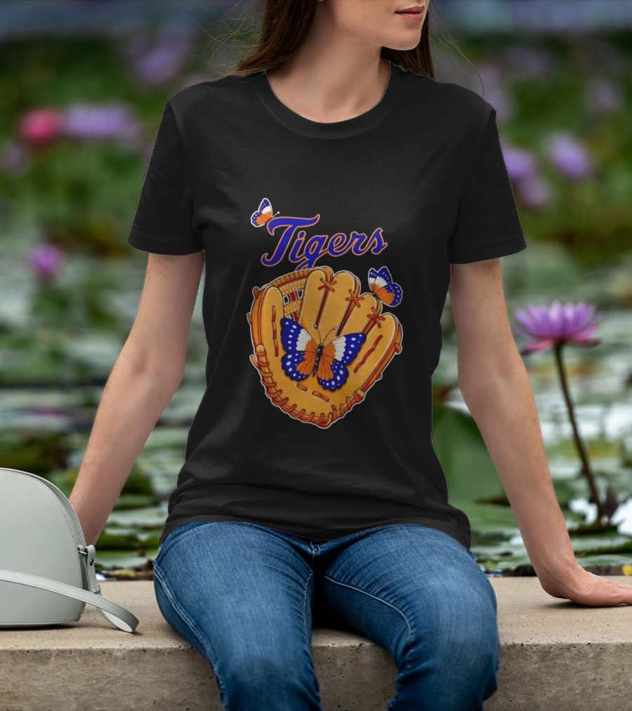 Tigers Baseball Glove Butterflies T-Shirt