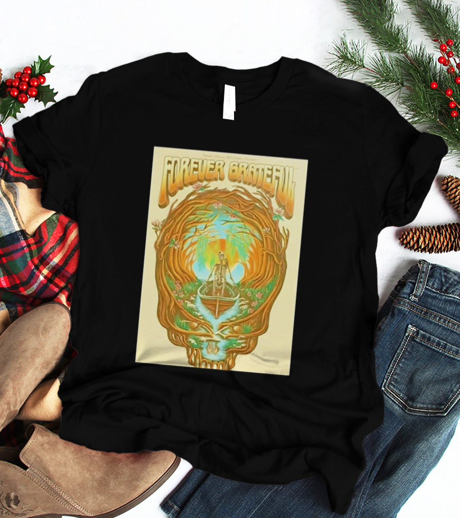 Forever Grateful Haight Street Art Center Skull Tree Skeleton Rowboat Scene T-Shirt