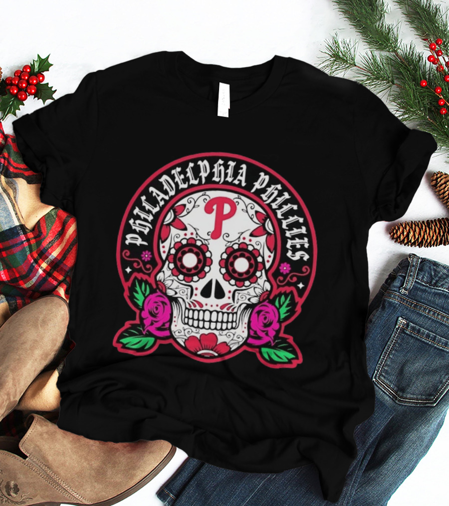 Philadelphia Phillies Skeleton Dia De Los Muertos Sugar Skull MLB T-Shirt