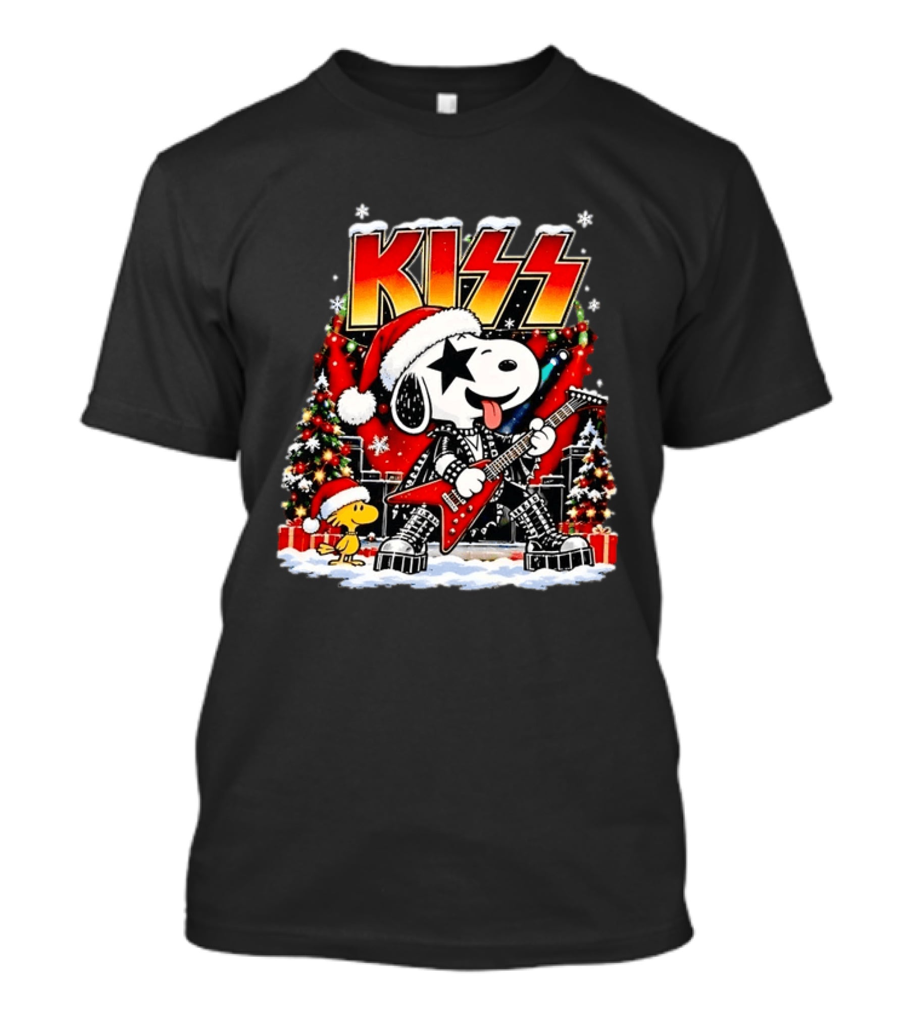 Snoopy Woodstock KISS Christmas Guitar Santa Hat Peanuts Holiday T-Shirt