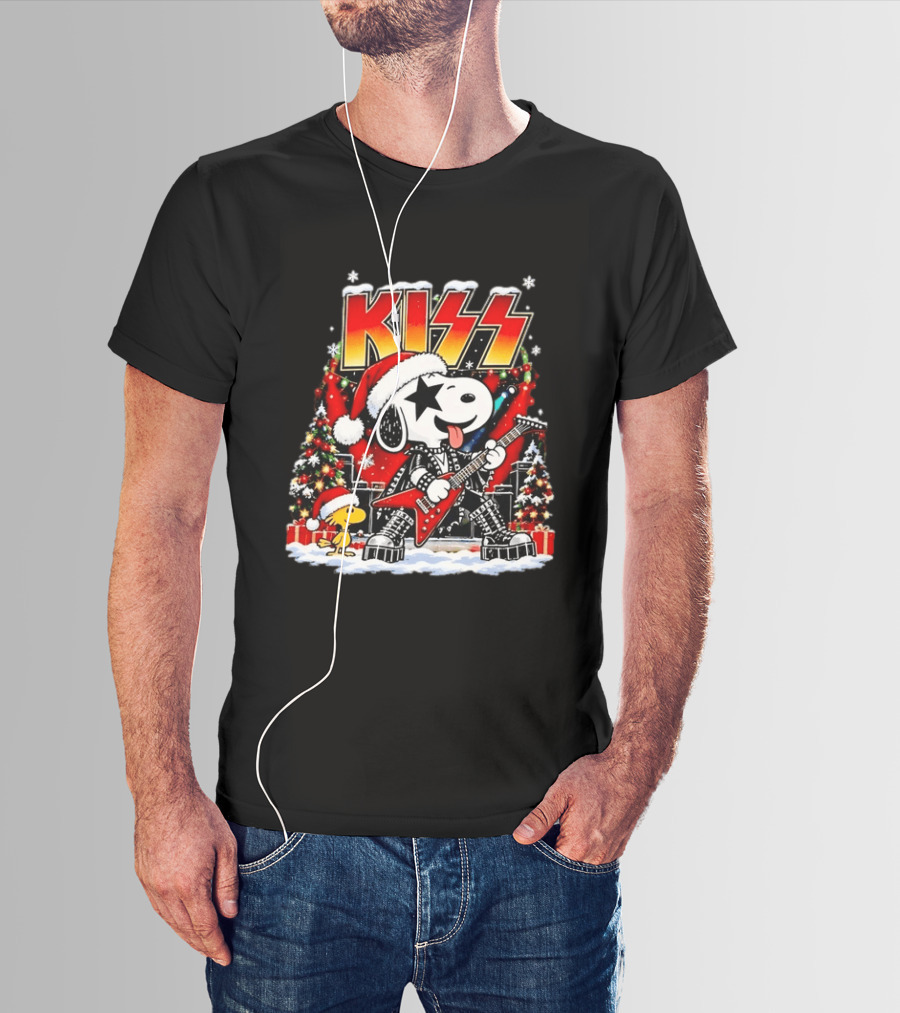 Snoopy Woodstock KISS Christmas Guitar Santa Hat Peanuts Holiday T-Shirt