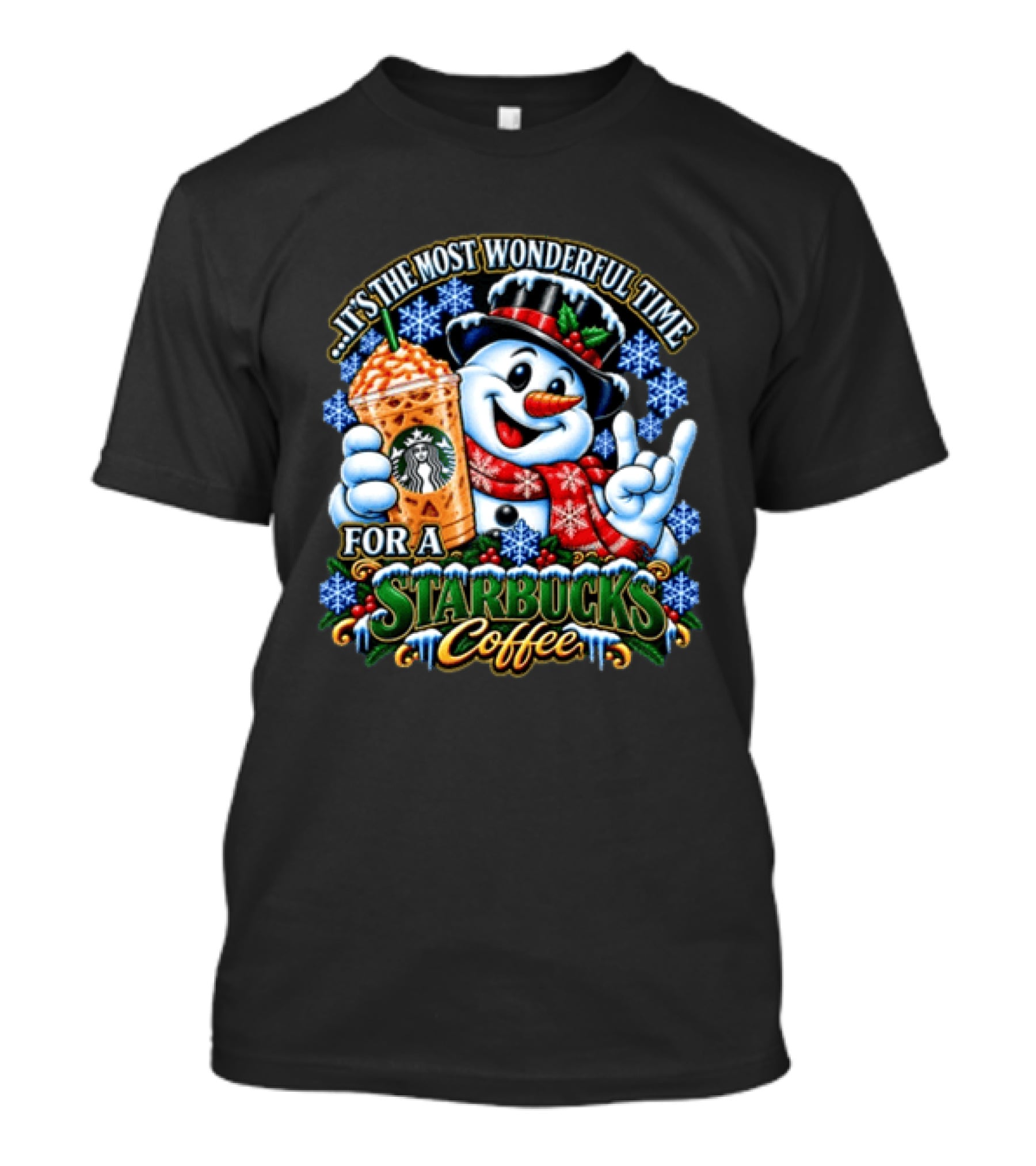 Snowman Holding Starbucks Coffee Joyful Winter Holiday Season T-Shirt