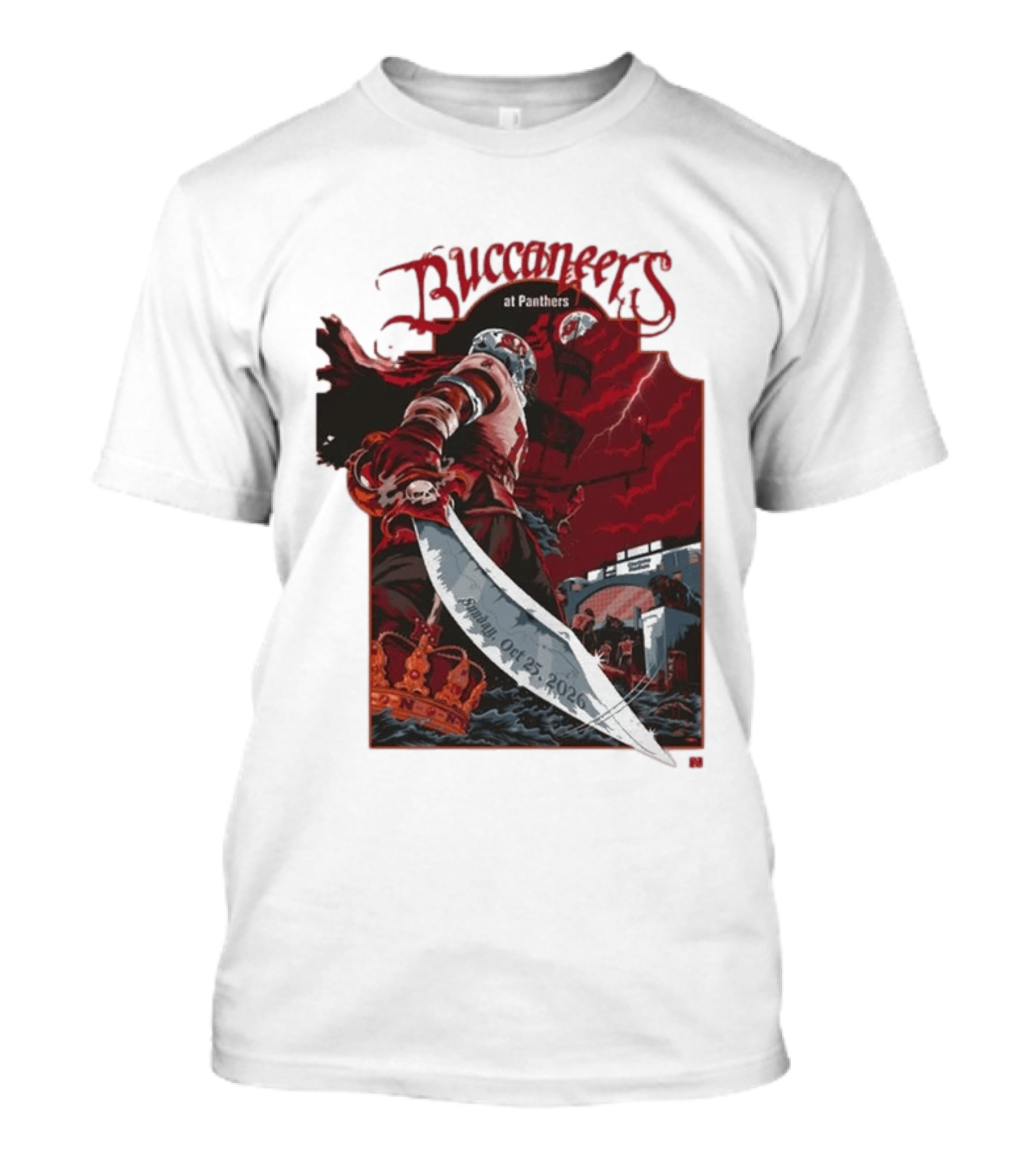 Buccaneers At Panthers Sunday Oct 25 2026 Buccaneer With Sword Stormy Stadium Scene T-Shirt