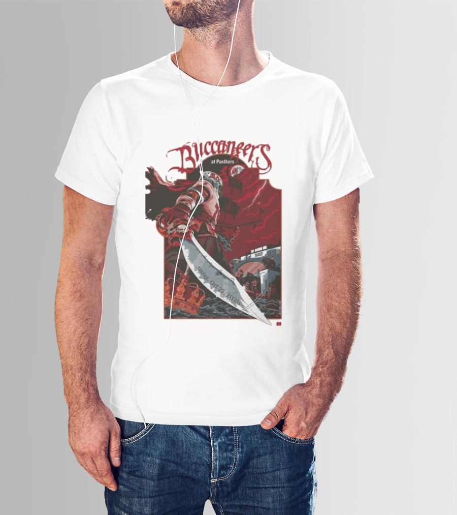 Buccaneers At Panthers Sunday Oct 25 2026 Buccaneer With Sword Stormy Stadium Scene T-Shirt