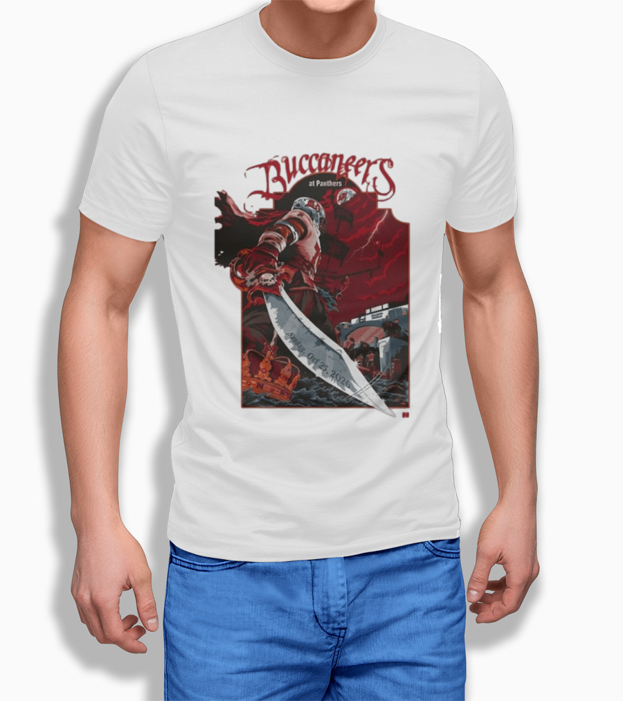 Buccaneers At Panthers Sunday Oct 25 2026 Buccaneer With Sword Stormy Stadium Scene T-Shirt