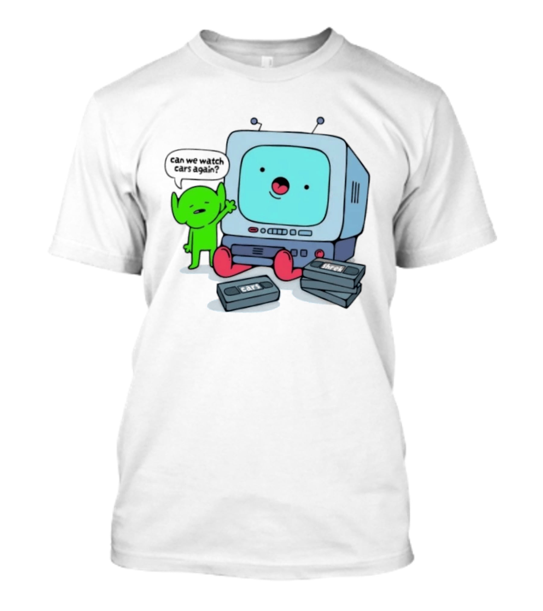 Can We Cars Again Cartoon With Vintage VHS Tapes Featuring Green Creature And Retro TV T-Shirt