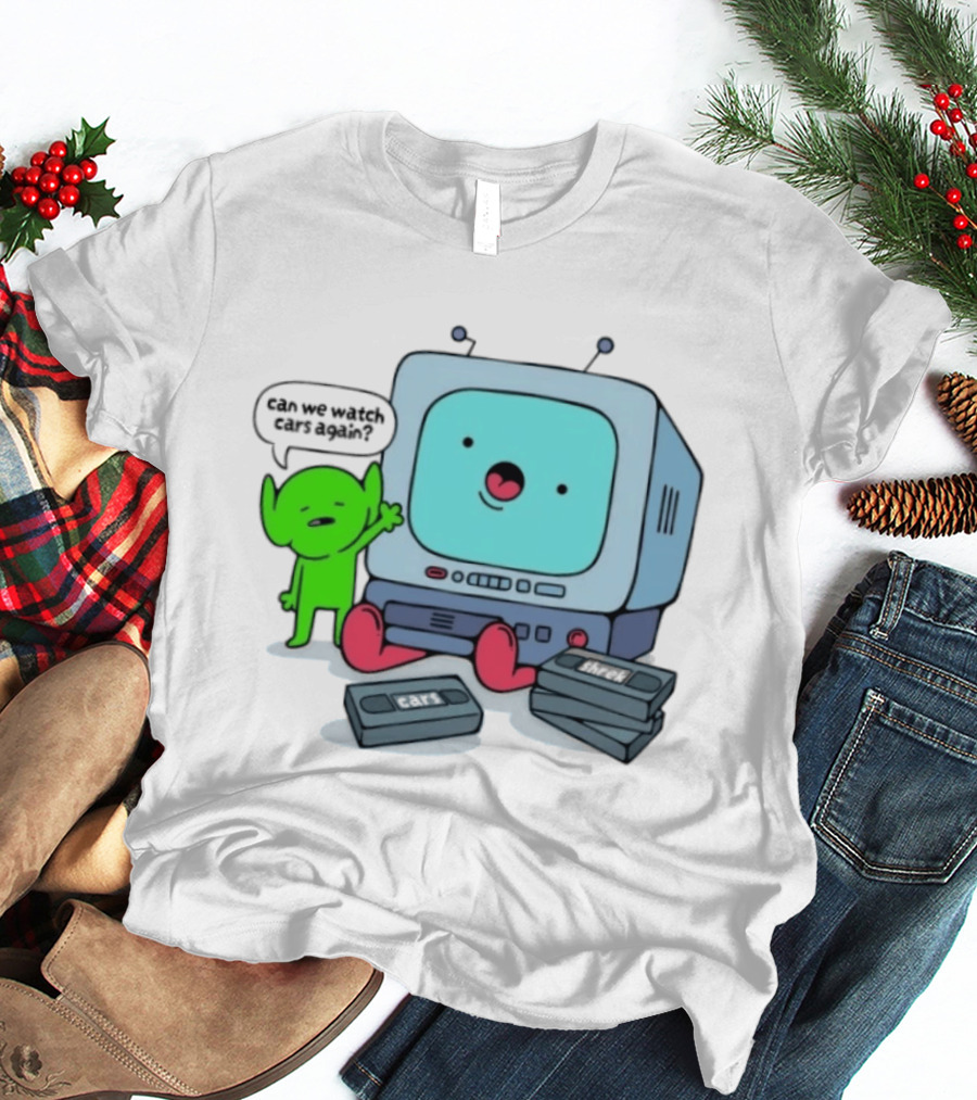 Can We Cars Again Cartoon With Vintage VHS Tapes Featuring Green Creature And Retro TV T-Shirt
