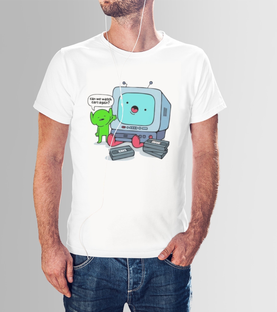 Can We Cars Again Cartoon With Vintage VHS Tapes Featuring Green Creature And Retro TV T-Shirt