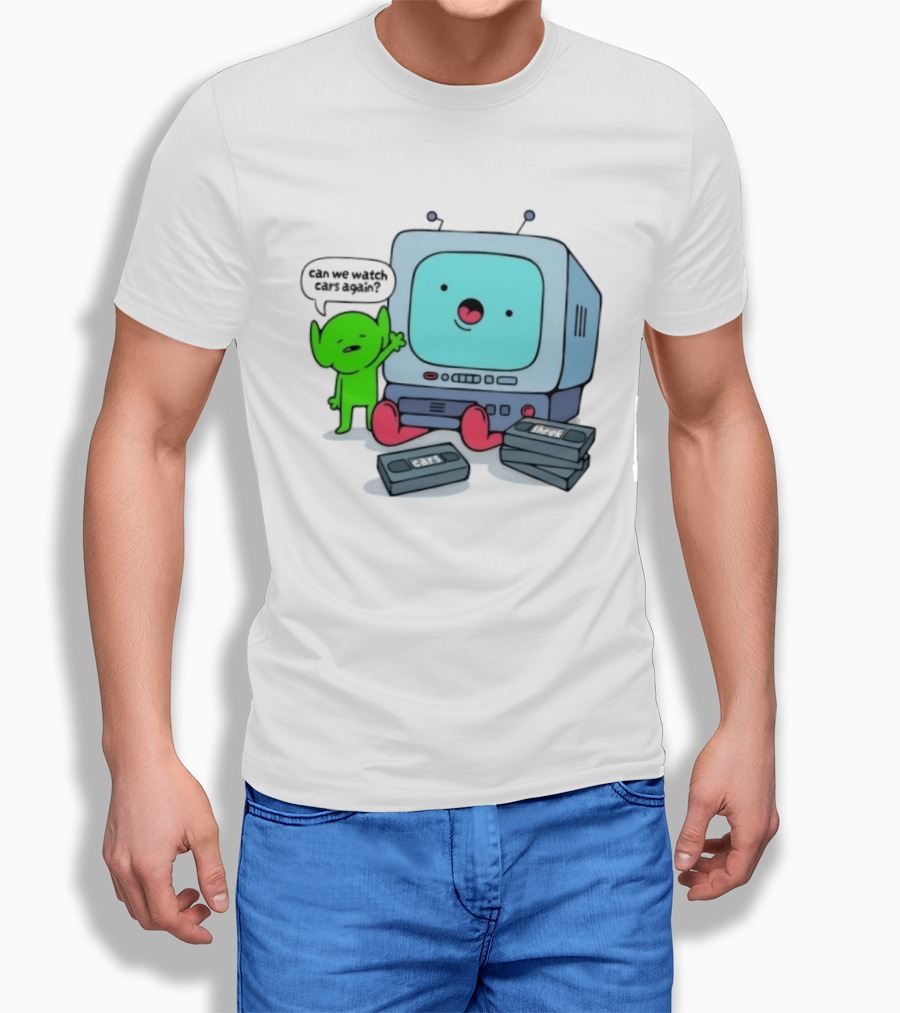 Can We Cars Again Cartoon With Vintage VHS Tapes Featuring Green Creature And Retro TV T-Shirt