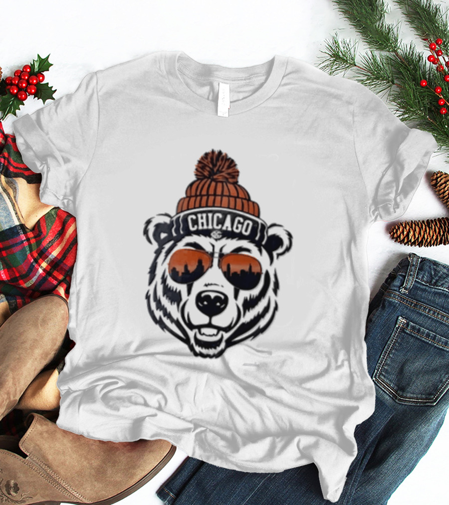 Chicago Bear Beanie Sunglasses Skyline T-Shirt