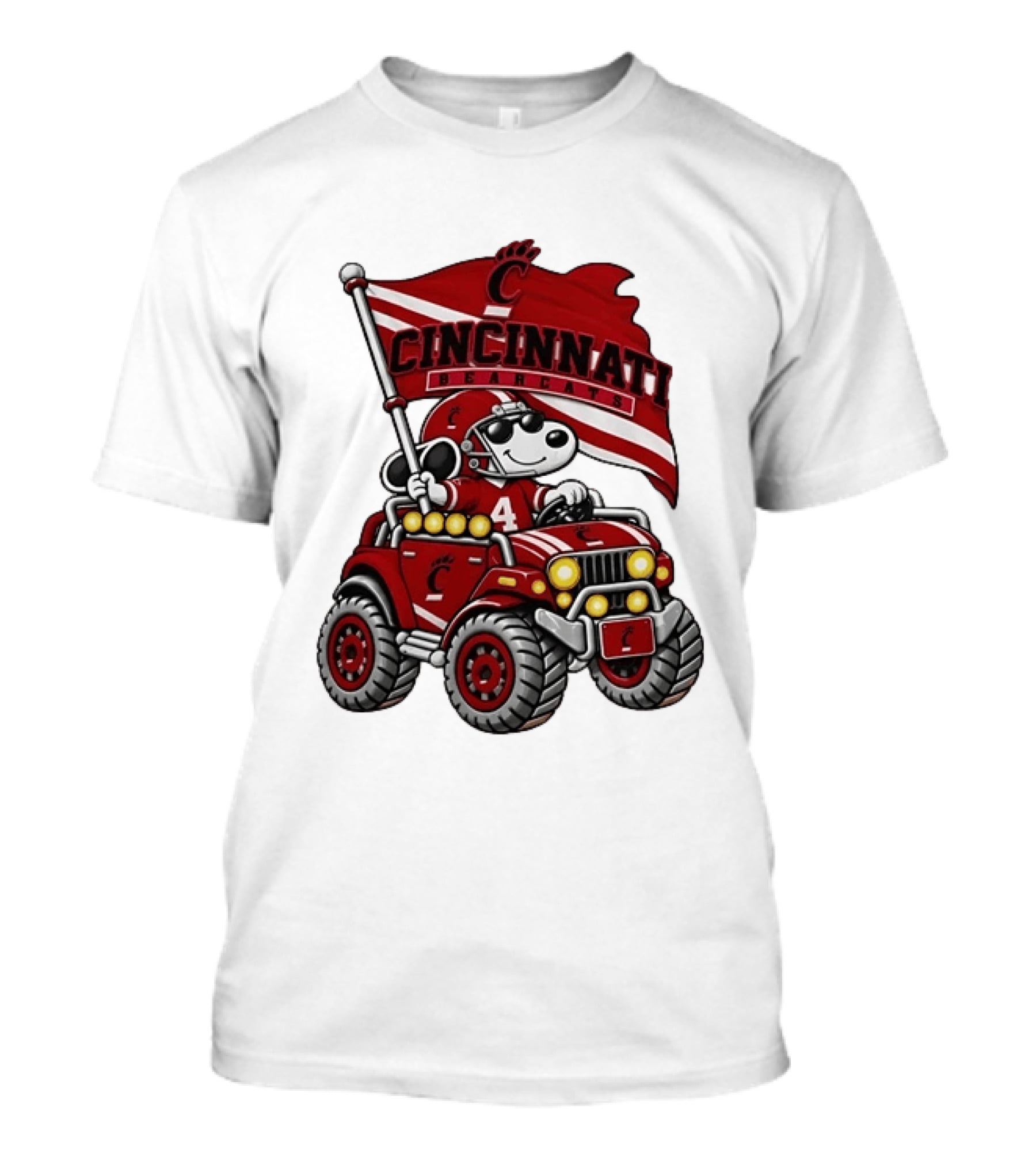 Cincinnati Bearcats Snoopy In Jeep Holding Flag Football T-Shirt