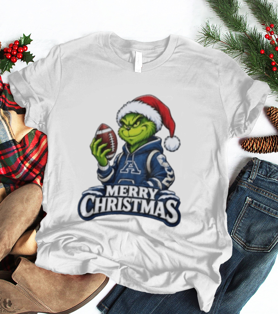 Merry Christmas Grinch Holding Football Santa Hat T-Shirt