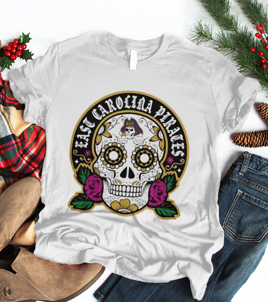 East Carolina Pirates ECU Skeleton Sugar Skull Dia De Los Muertos T-Shirt