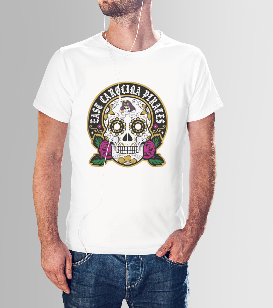 East Carolina Pirates ECU Skeleton Sugar Skull Dia De Los Muertos T-Shirt