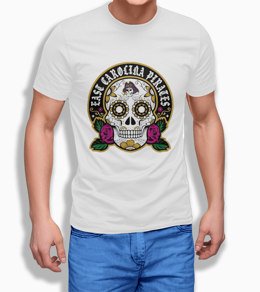East Carolina Pirates ECU Skeleton Sugar Skull Dia De Los Muertos T-Shirt