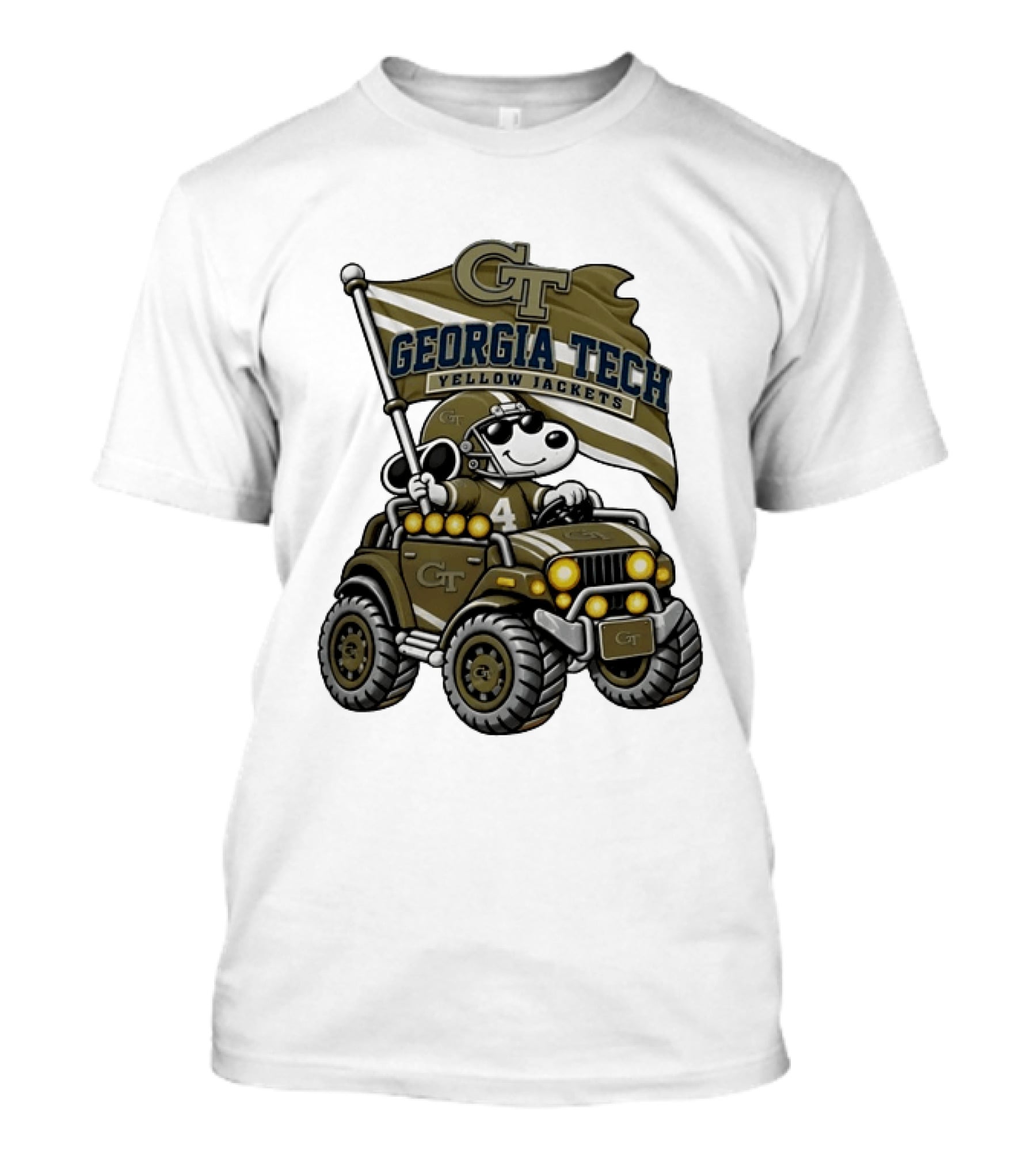 Georgia Tech Yellow Jackets Snoopy Driving Jeep With Flag Football T-Shirt