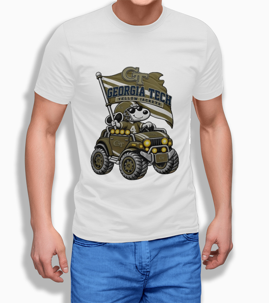 Georgia Tech Yellow Jackets Snoopy Driving Jeep With Flag Football T-Shirt
