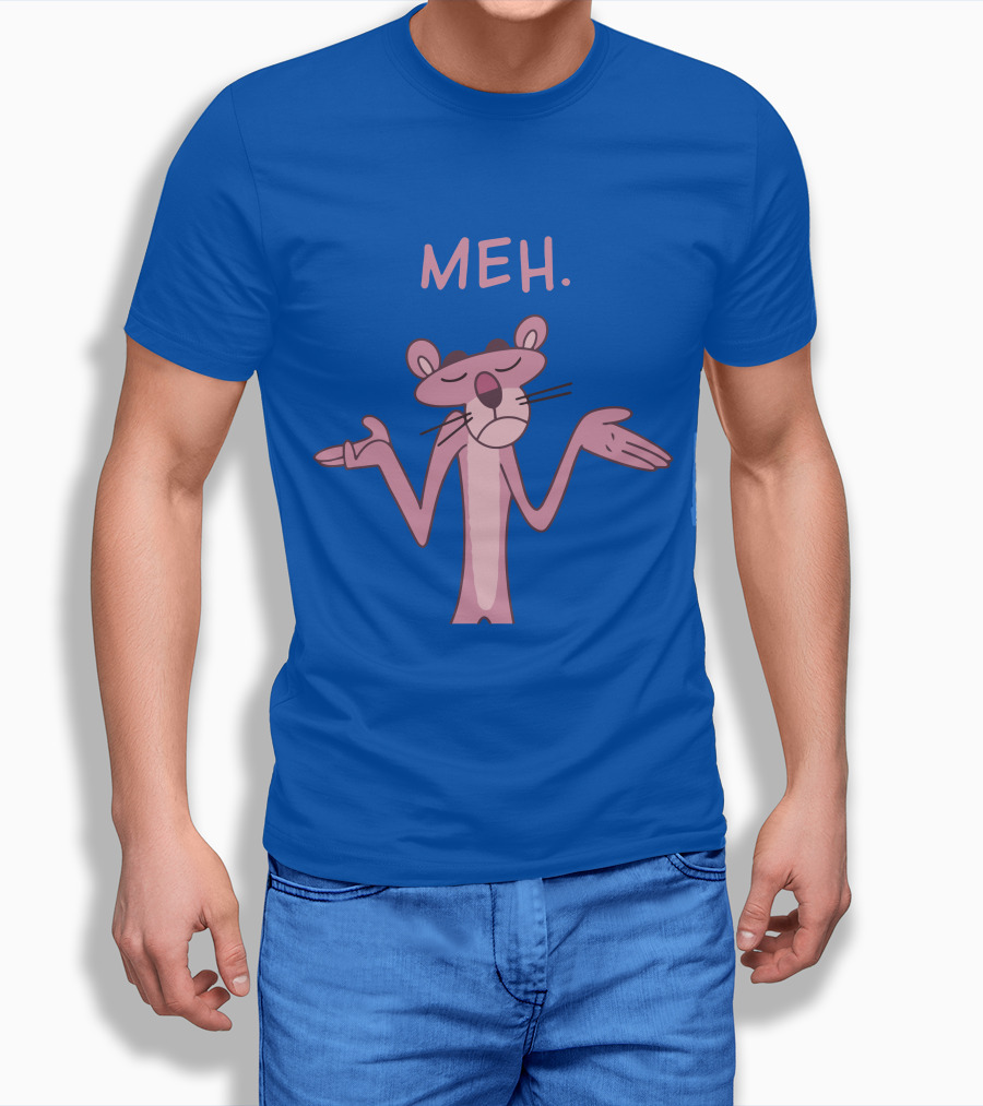 Qwertee Pink Panther Meh Apathy Blue Background T-Shirt