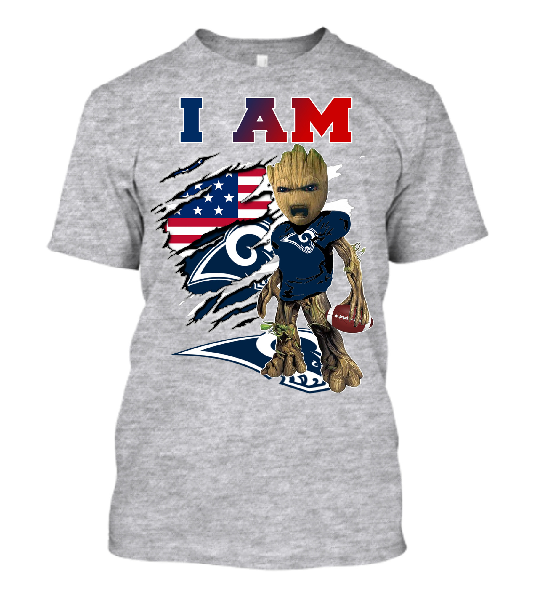 I AM Rams Baby Groot Football American Flag T-Shirt