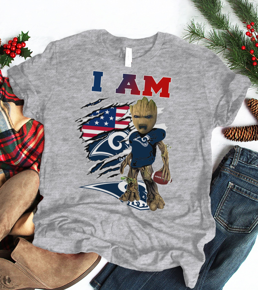I AM Rams Baby Groot Football American Flag T-Shirt