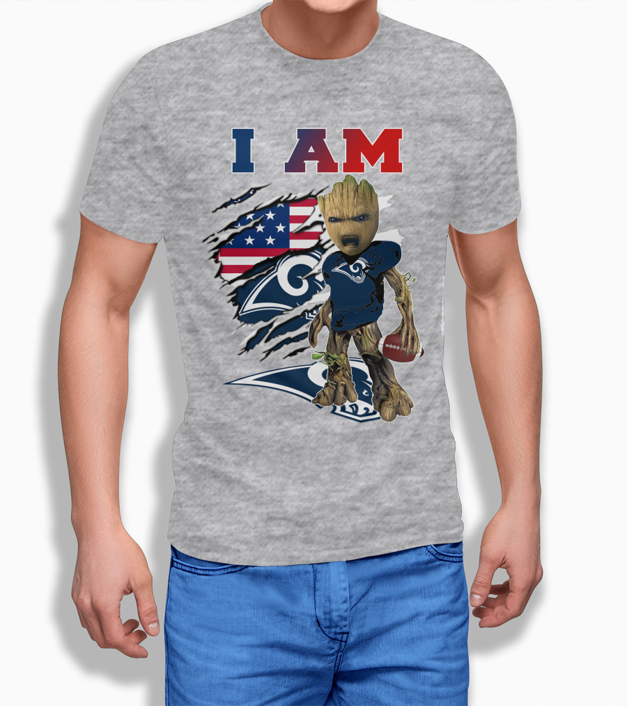 I AM Rams Baby Groot Football American Flag T-Shirt
