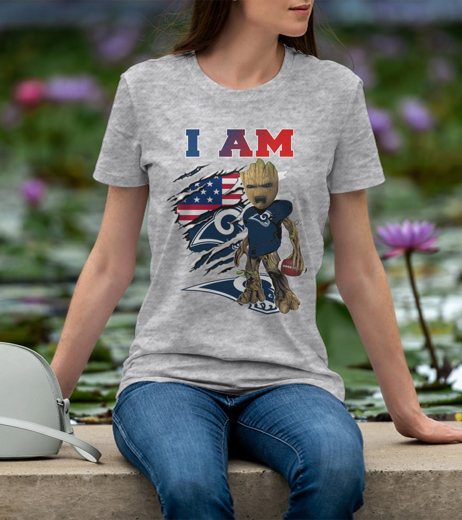 I AM Rams Baby Groot Football American Flag T-Shirt