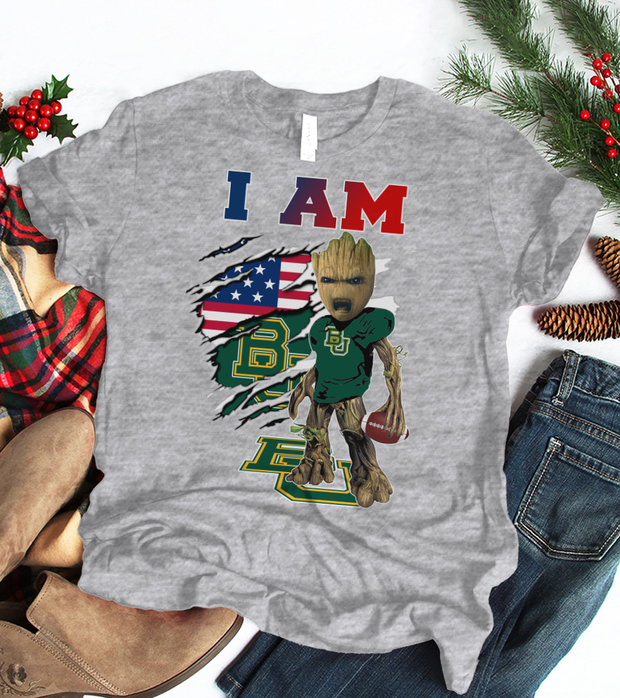 I AM Baylor Bears Groot Football American Flag T-Shirt