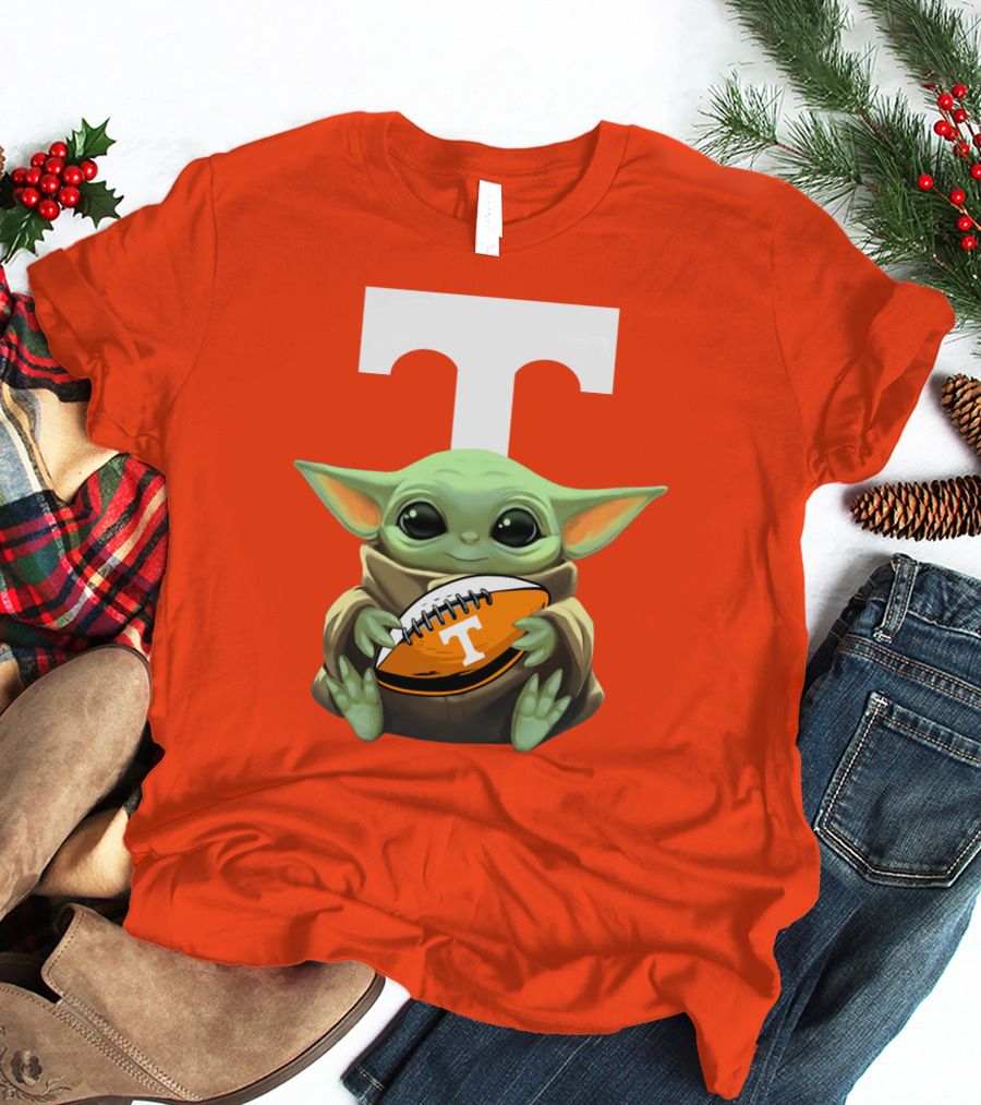 Baby Yoda Holding Tennessee Volunteers Football Ball T-Shirt