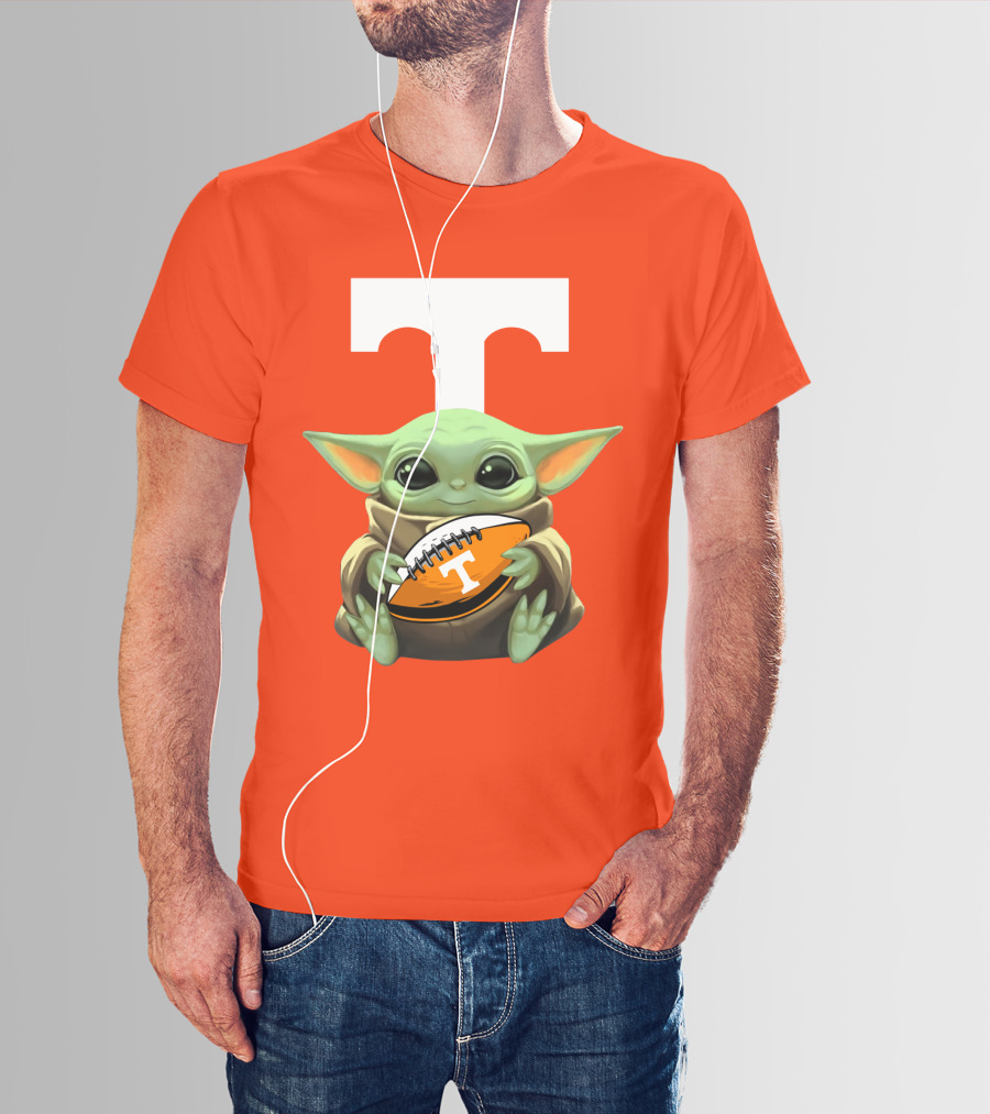 Baby Yoda Holding Tennessee Volunteers Football Ball T-Shirt
