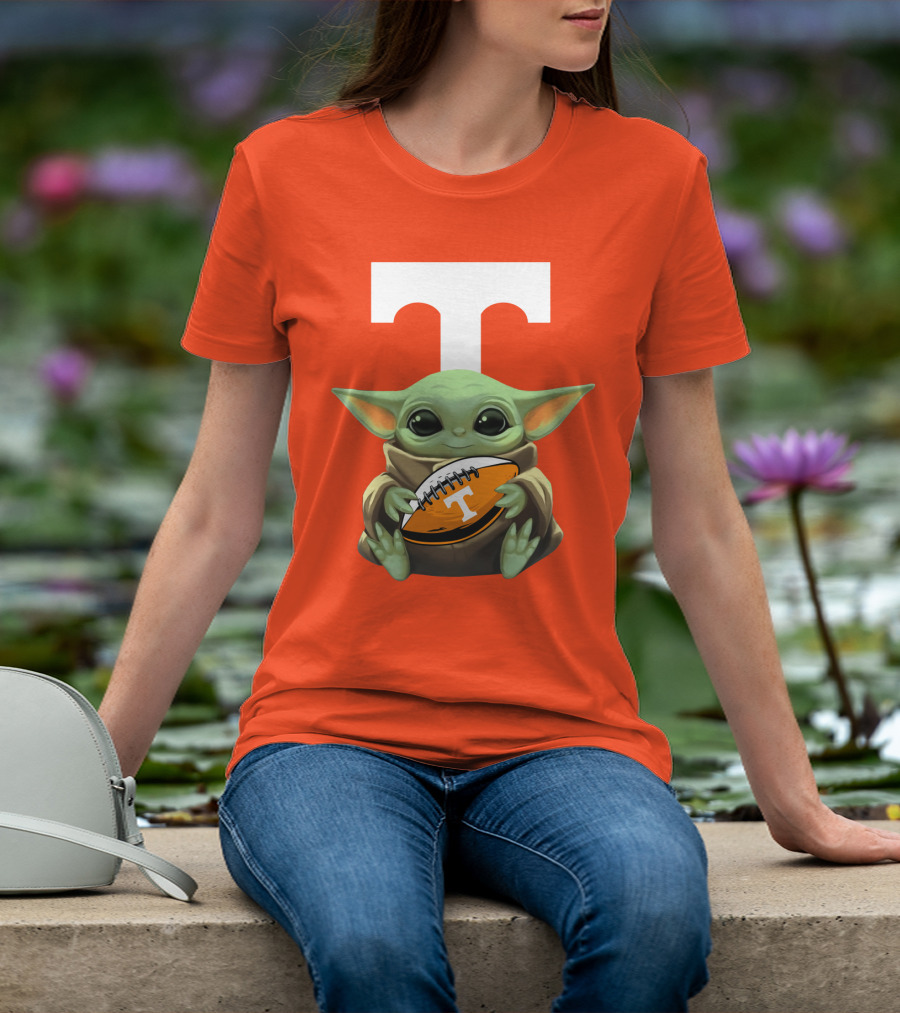 Baby Yoda Holding Tennessee Volunteers Football Ball T-Shirt