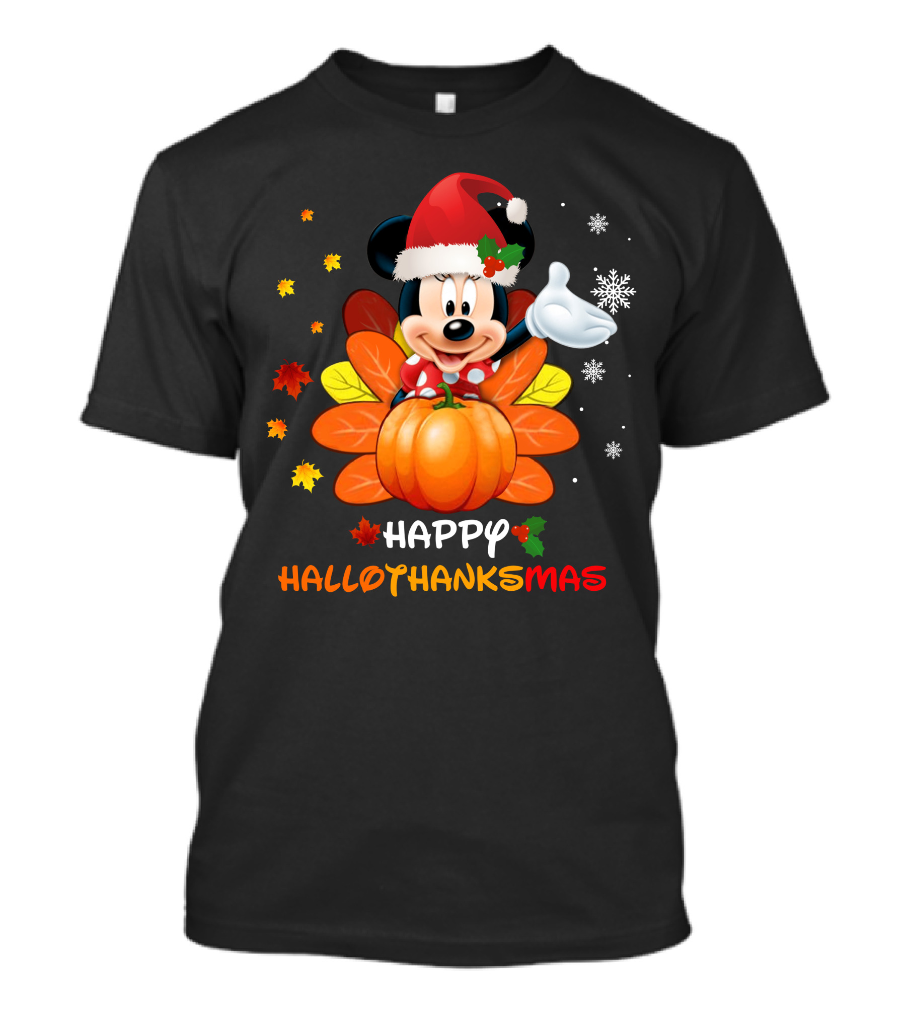 Happy Minnie HalloThanksMas Pumpkin Santa Hat Leaves Snowflakes T-Shirt