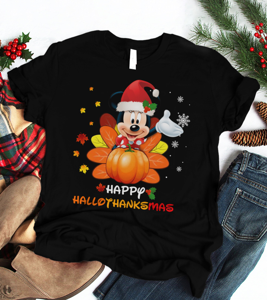 Happy Minnie HalloThanksMas Pumpkin Santa Hat Leaves Snowflakes T-Shirt