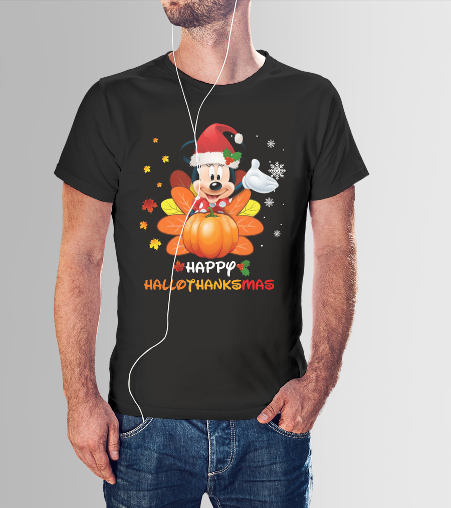 Happy Minnie HalloThanksMas Pumpkin Santa Hat Leaves Snowflakes T-Shirt