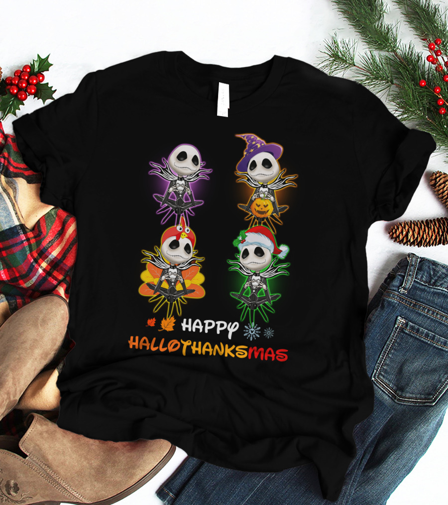 Happy HalloThanksMas Jack Halloween Thanksgiving Christmas T-Shirt