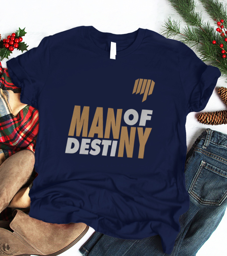 Man Of Destiny Blue And Gold Text With Vertical Stripe T-Shirt