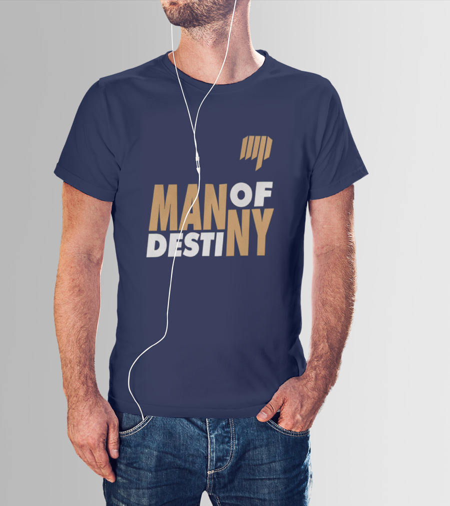 Man Of Destiny Blue And Gold Text With Vertical Stripe T-Shirt