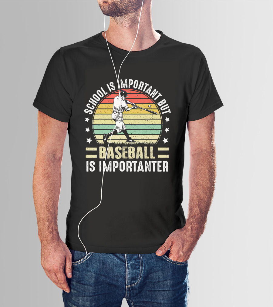 School Is Important But Baseball Is Importanter Vintage Retro Baseball Player T-Shirt