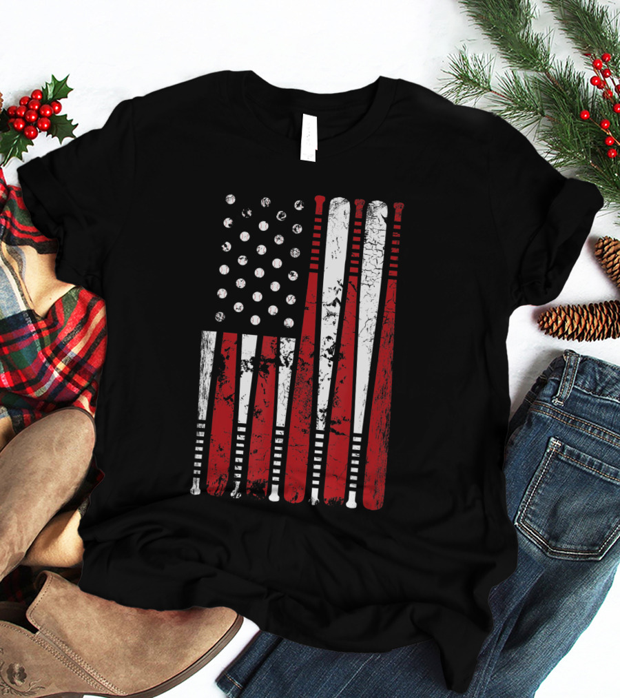 Vintage American Baseball Bat USA Flag T-Shirt