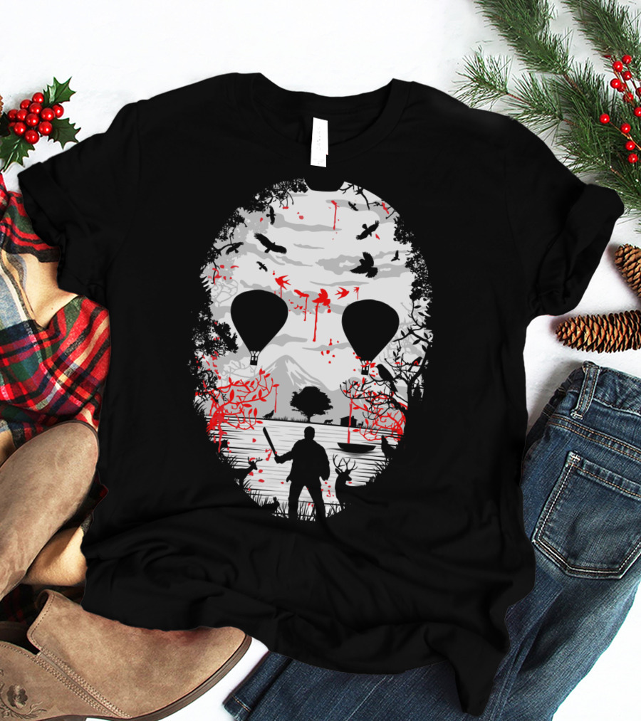 Jason Voorhees Camp Crystal Lake Mask Silhouette Counselor Scene T-Shirt