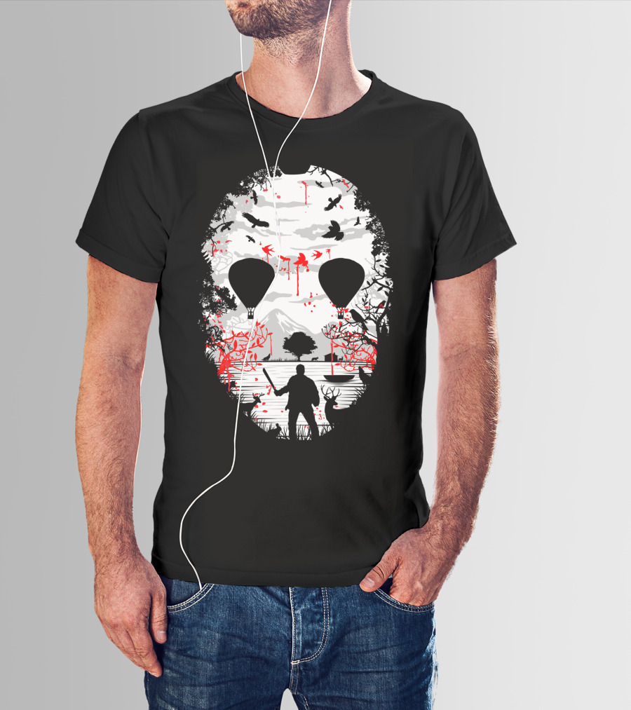 Jason Voorhees Camp Crystal Lake Mask Silhouette Counselor Scene T-Shirt