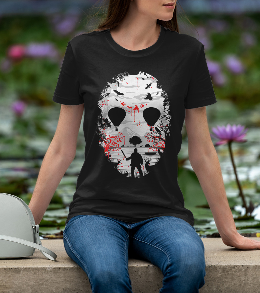 Jason Voorhees Camp Crystal Lake Mask Silhouette Counselor Scene T-Shirt