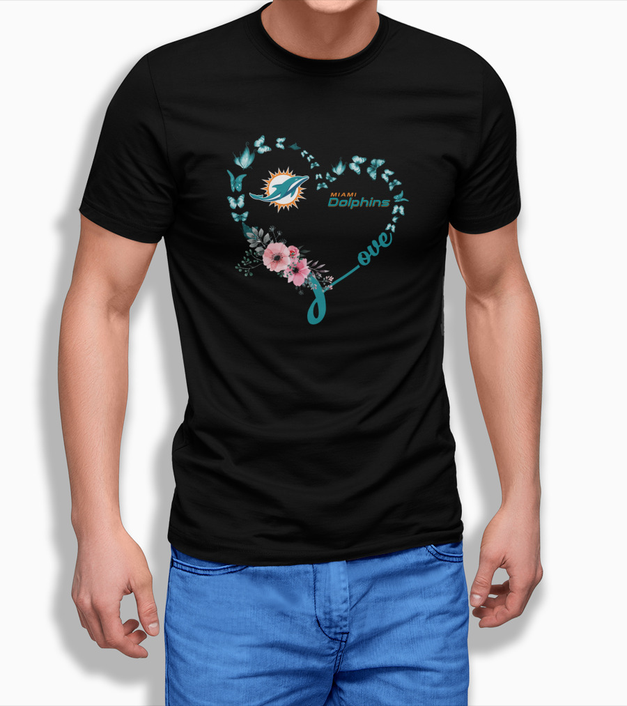 Miami Dolphins Love Heart With Butterflies And Flowers T-Shirt
