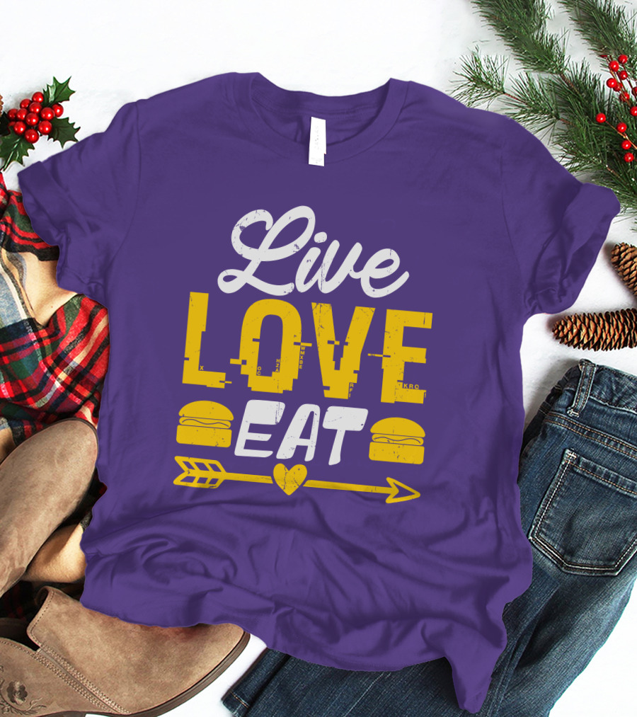 Live Love Eat With Burgers And Heart Arrow On Red T-Shirt