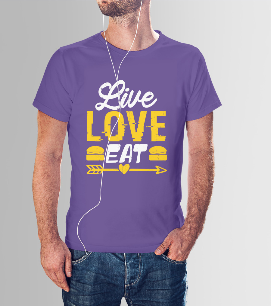 Live Love Eat With Burgers And Heart Arrow On Red T-Shirt