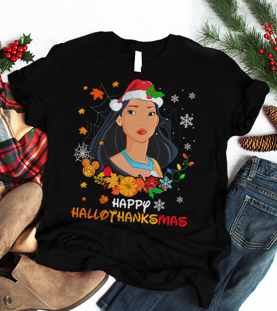 Happy Hallothanksmas Pocahontas Santa Hat Pumpkin Leaves Snowflakes T-Shirt