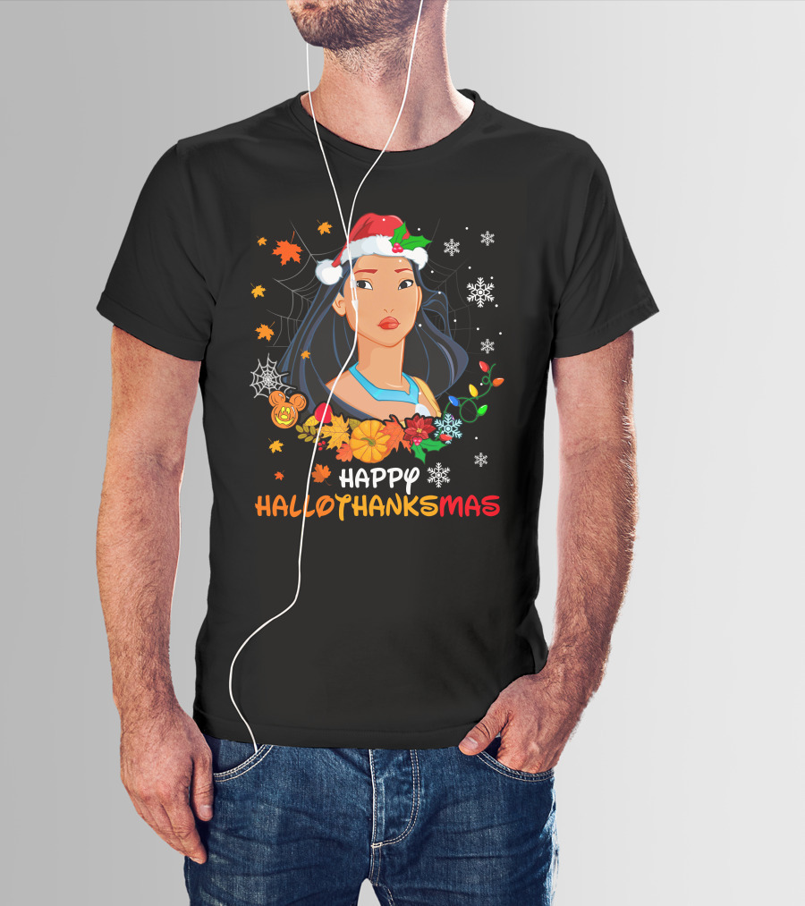Happy Hallothanksmas Pocahontas Santa Hat Pumpkin Leaves Snowflakes T-Shirt