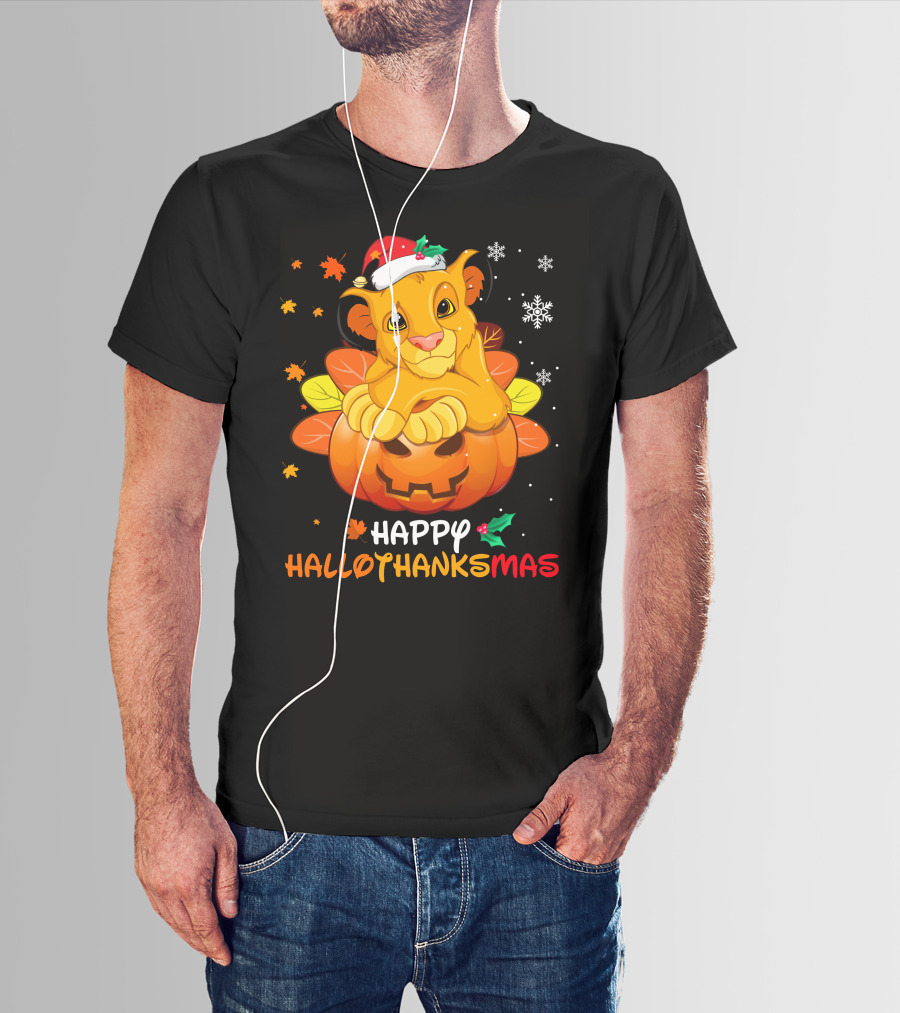 Happy Hallothanksmas Simba Pumpkin Santa Hat Snowflakes T-Shirt