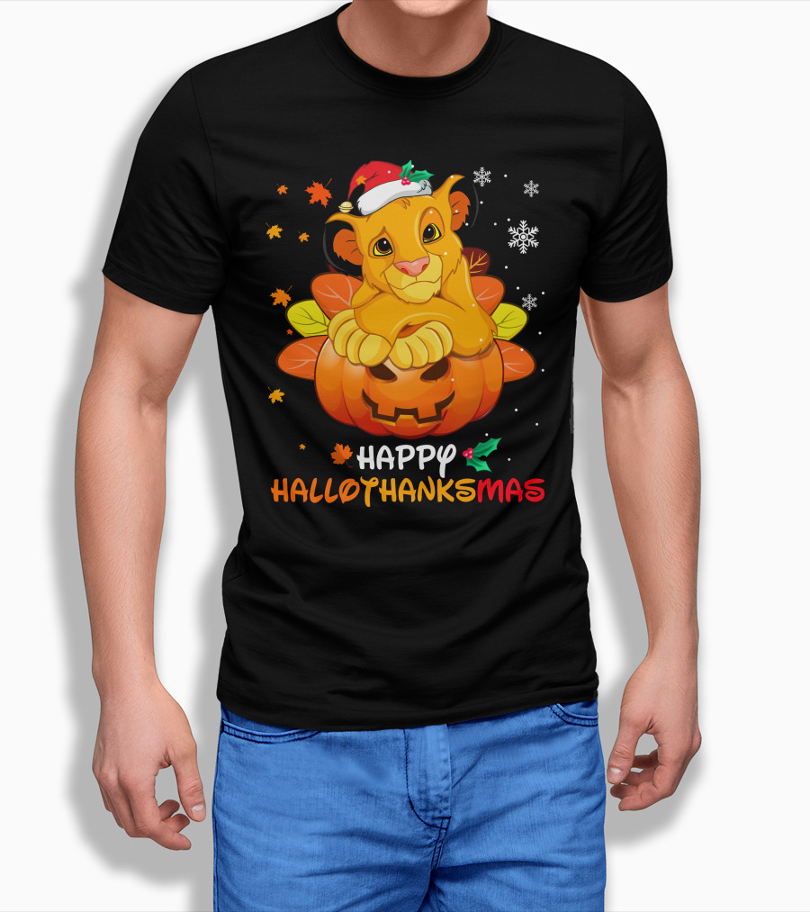 Happy Hallothanksmas Simba Pumpkin Santa Hat Snowflakes T-Shirt