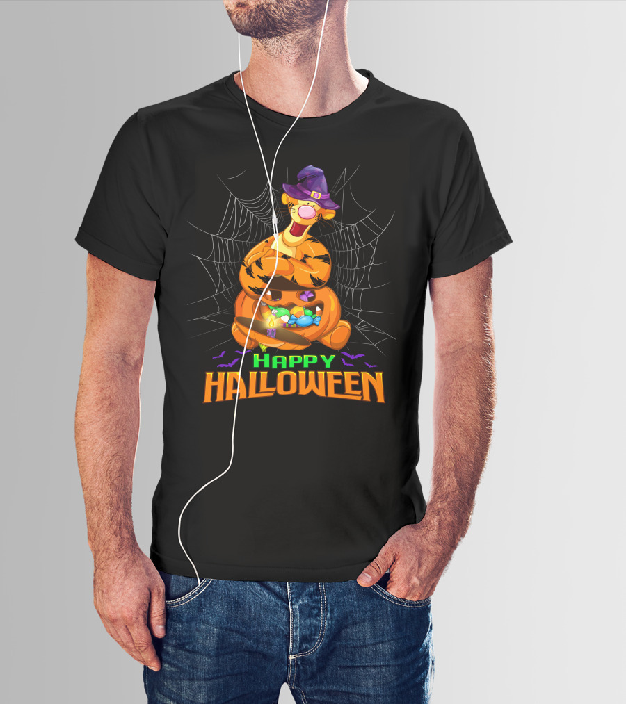 Happy Halloween Tigger Witch Pumpkin Candy Spiders T-Shirt