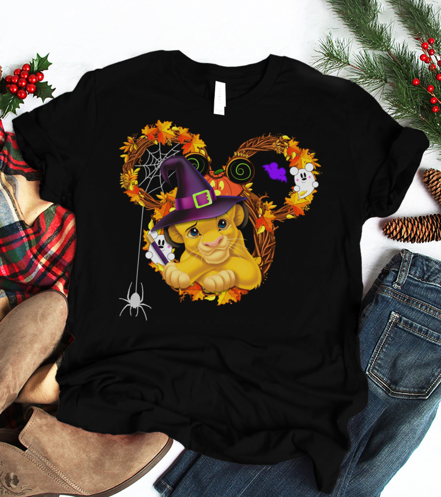 Simba Halloween Wreath With Witch Hat And Autumn Leaves T-Shirt